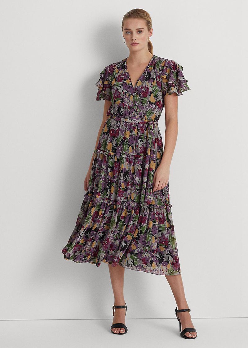 Sukienka Lauren Damska Kolorowe Belted Z Motywem Crinkle Georgette 870251-PUW
